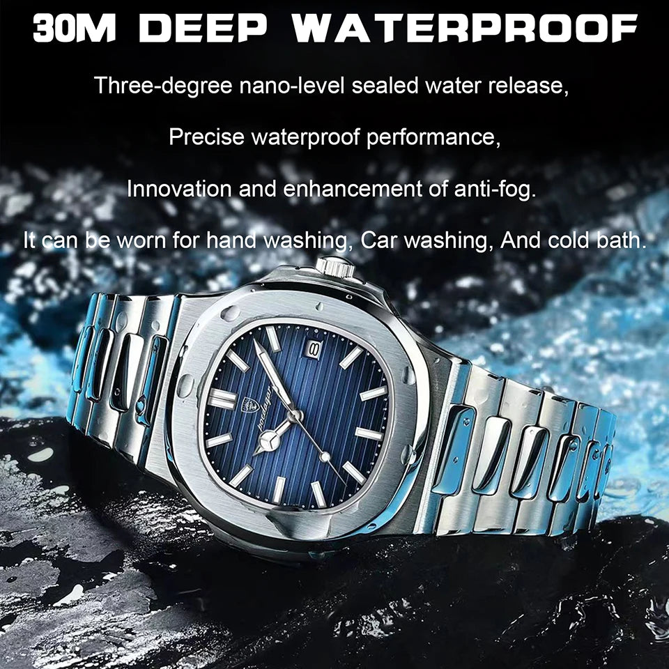 POEDAGAR Luxury Watch Business 50 ATM Waterproof Male Clock Luminous Date Stainless Steel Square Quartz Men Watches reloj hombre